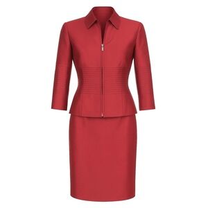 Vintage W by WORTH Red Silk Cotton Blend Zipper Front‎ Pencil Skirt Suit Set 4/6